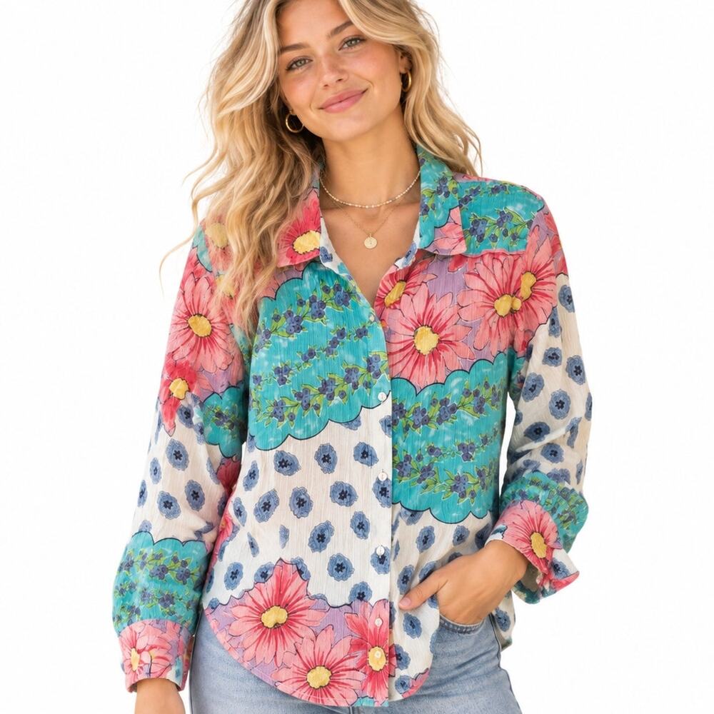 Oleg Cassini Weekend Floral Button Top Womens Large Patchwork Crinkle Cotton